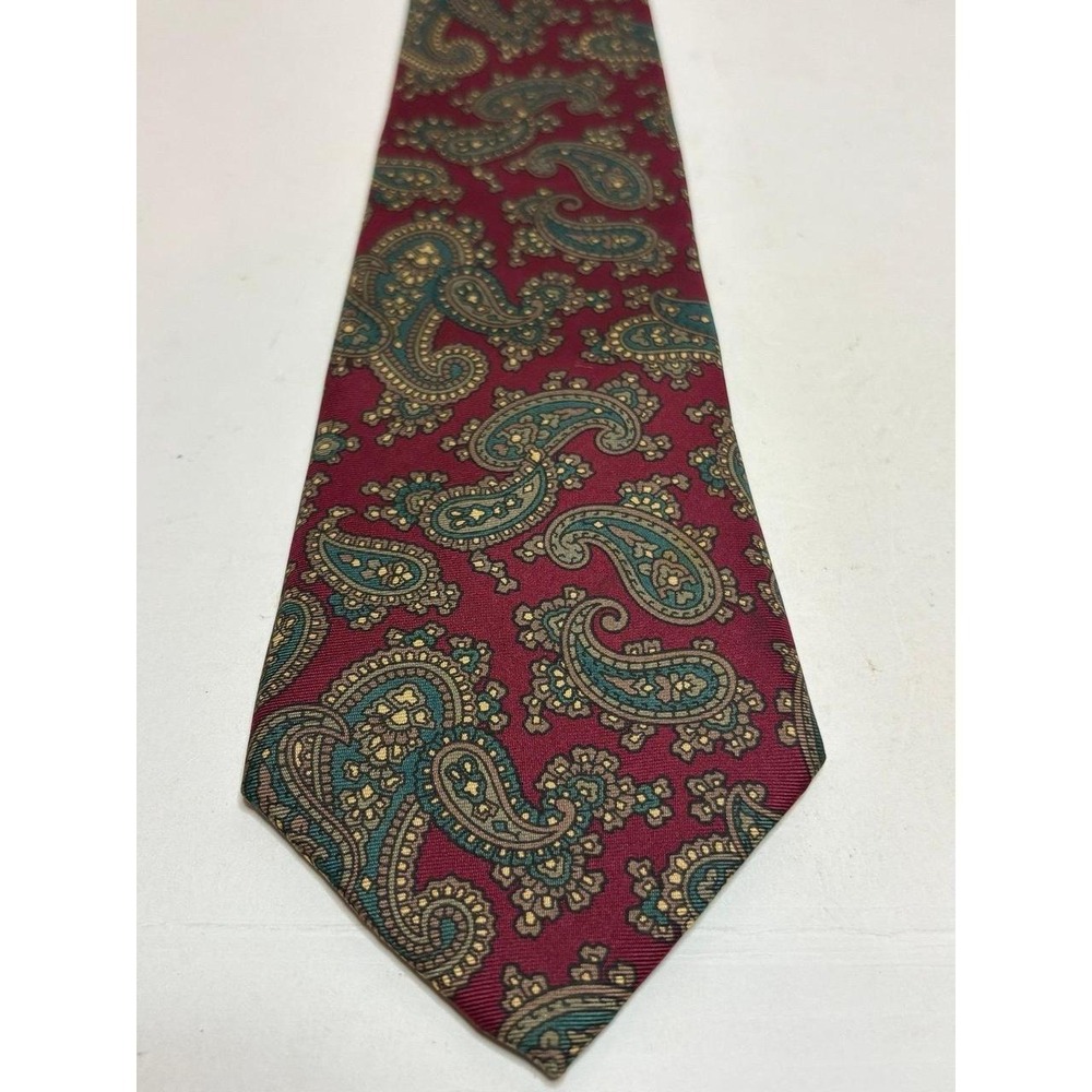 Dillard's Mens Silk Tie Burgundy Red Teal Green Paisley Made in USA Italian Silk